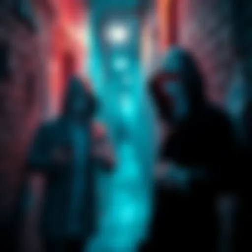Two masked people planning a robbery in an alley