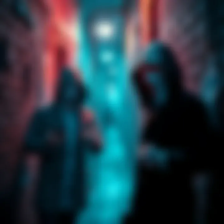 Two masked people planning a robbery in an alley