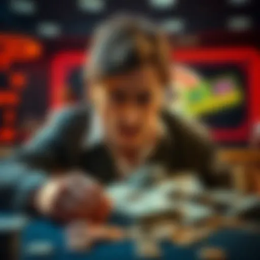 A frustrated player expressing concern about gambling losses at Rolling Riches Casino, with money on the table and a worried expression.