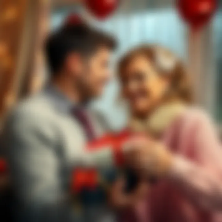 A couple celebrating an anniversary with a creative surprise featuring heart-shaped decorations and a gift box