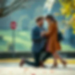 Romantic marriage proposal A man kneeling with a ring in front of a surprised woman, both smiling in a beautiful outdoor setting.