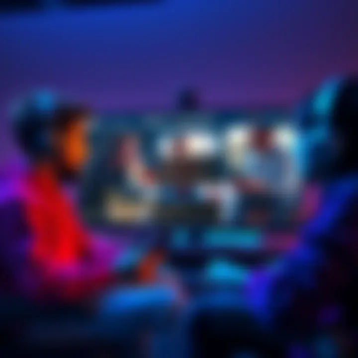 Group of gamers interacting during a live stream, with a chat box showing discussions about the game