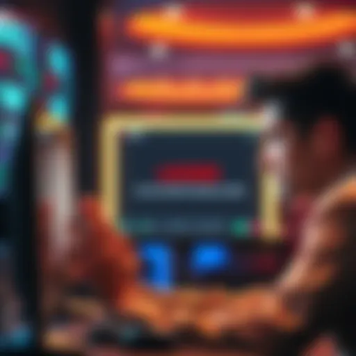 A player looking concerned while checking their computer screen, showing a locked account message from Rooli Casino.