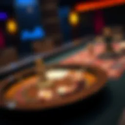A roulette wheel and a baccarat table with chips and cards placed on them