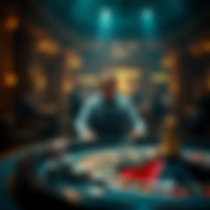 A focused roulette player standing at a table, contemplating the next move after winning, surrounded by chips and a spinning wheel.