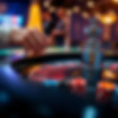A close-up view of a roulette table with a player placing a bet on black chips.