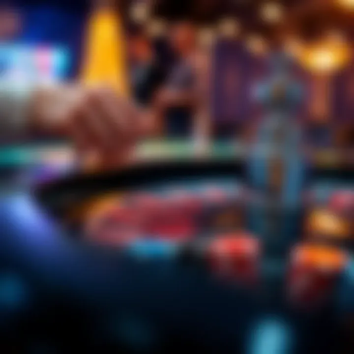 A close-up view of a roulette table with a player placing a bet on black chips.