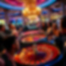 Roulette Table in Las Vegas Casino A vibrant roulette table surrounded by players excitedly placing bets in a Las Vegas casino at night