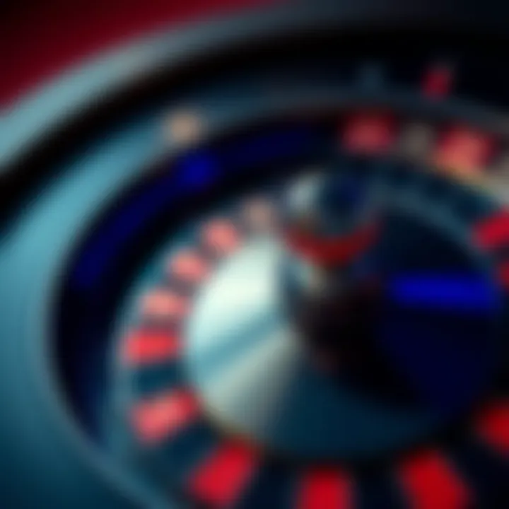 A close-up view of a roulette wheel displaying various colorful betting options and a ball ready to drop