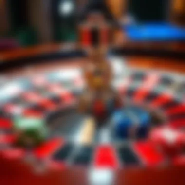 A close-up view of a roulette wheel with colorful chips placed around it, showing different betting options.