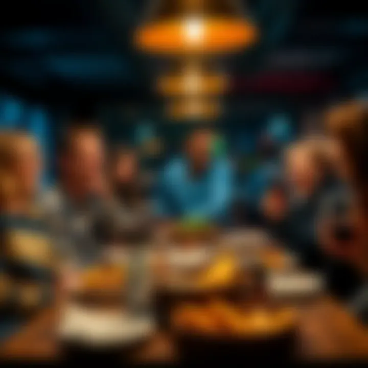 Participants engaged in the fun of the Round Robbery game, smiling and laughing together at a table, with food and drinks around them.