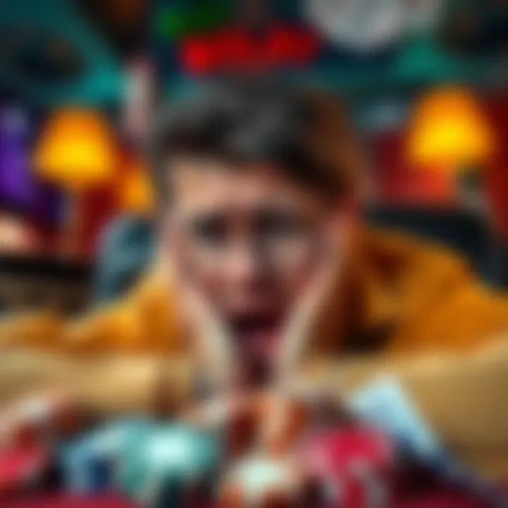 A frustrated player expressing disappointment over not receiving winnings from Roxymoxy Casino, surrounded by gambling elements like chips and cards.