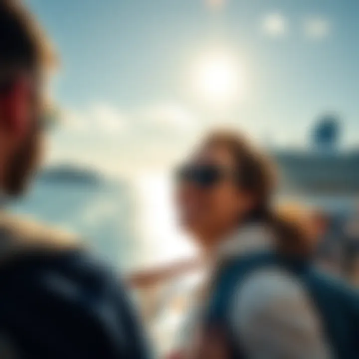 A happy traveler on a Royal Caribbean cruise, enjoying the ocean view with a ship in the background.