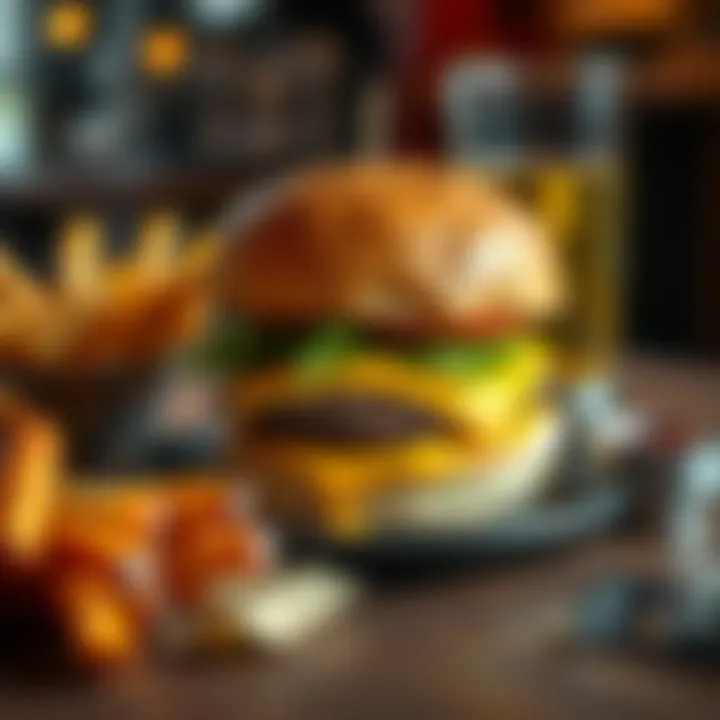 A mouthwatering Royale with Cheese burger served with fries on a wooden table