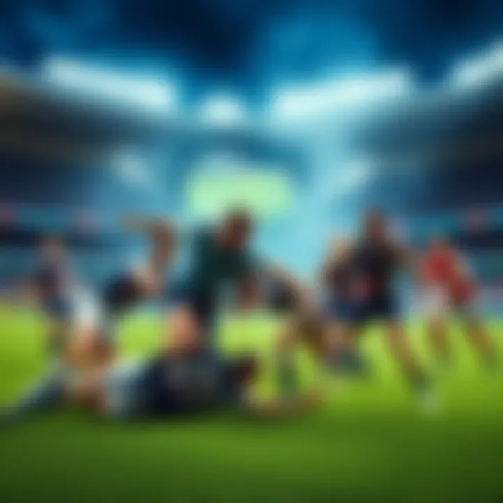 A rugby game in action with players tackling and an AFL match in the background, illustrating upcoming betting opportunities.