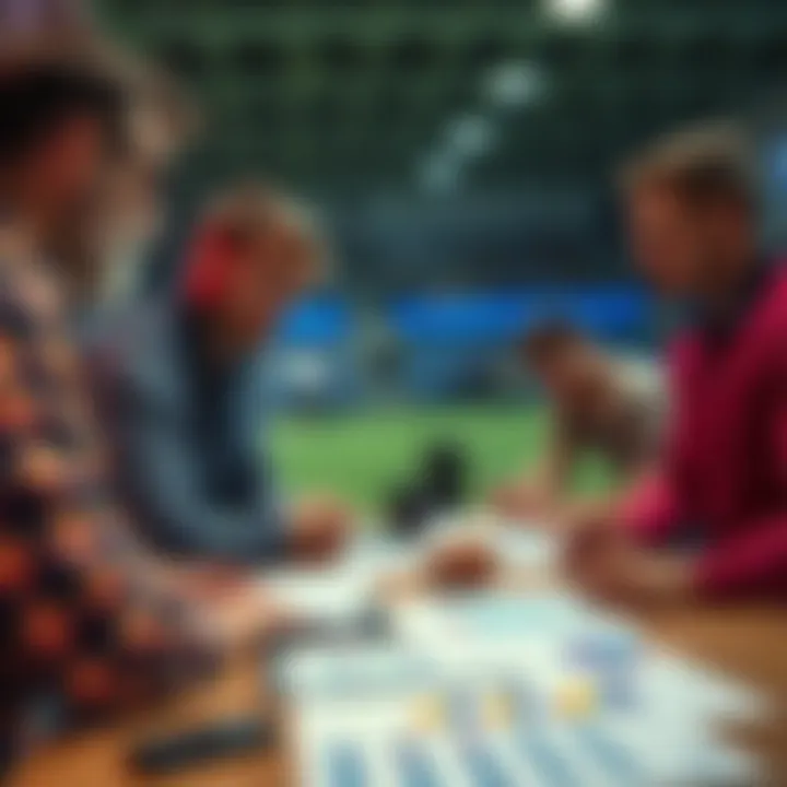 A group of people discussing rugby betting strategies with charts and notes on a table