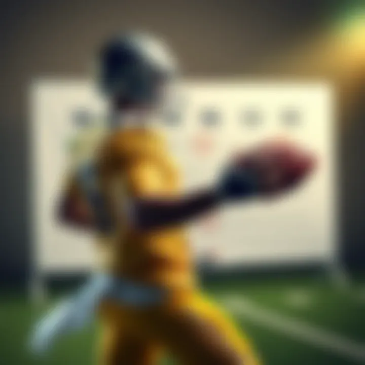 A football player holding a football, planning a strategy on a whiteboard with yard markers