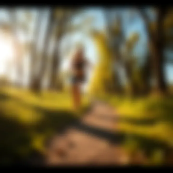 A person running on a path surrounded by trees, enjoying the sunny weather on the weekend.