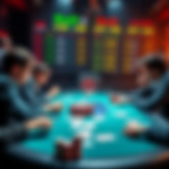 A graphic showing players at a poker table, balancing patience and aggression while playing cards, with leaderboard points displayed in the background.