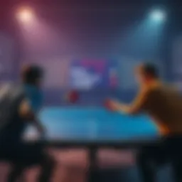 Two table tennis players competing in a match late at night, with a scoreboard displaying their points in a dimly lit setting.