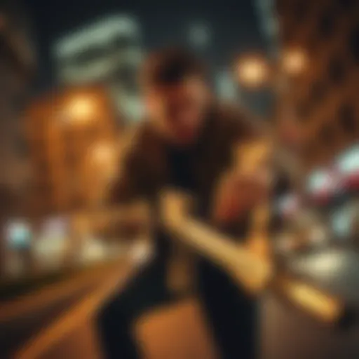 Ryan Rollins engaging in a risky adventure under city lights