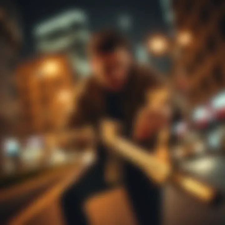 Ryan Rollins engaging in a risky adventure under city lights