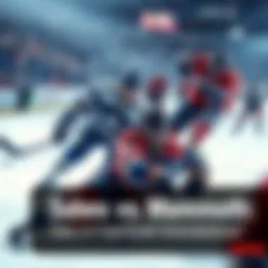 A tense moment in the Sabres vs Mammoth hockey game showing players battling for the puck on the ice