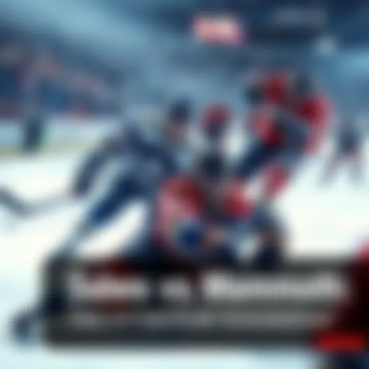 A tense moment in the Sabres vs Mammoth hockey game showing players battling for the puck on the ice