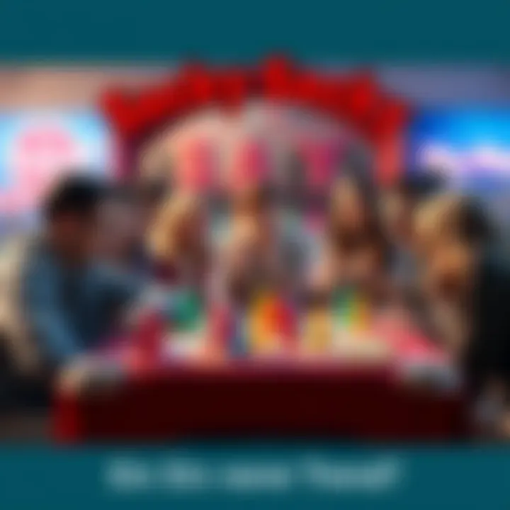 A colorful board and playful pieces representing the Sacky Sacky game trend, surrounded by excited people playing together.