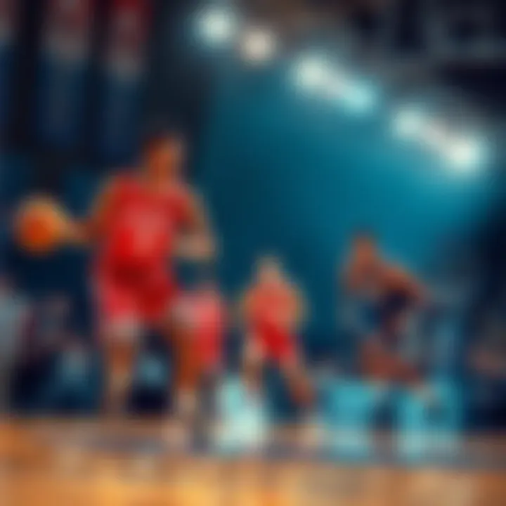 Basketball players from Sacred Heart and Quinnipiac in action Sacred Heart and Quinnipiac basketball players competing on the court