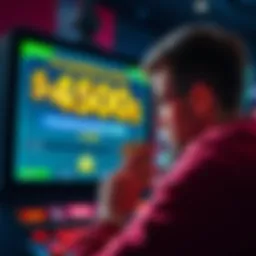 A person looks at a screen showing a large win amount, feeling disappointment over a missed bigger prize, with cash in hand.