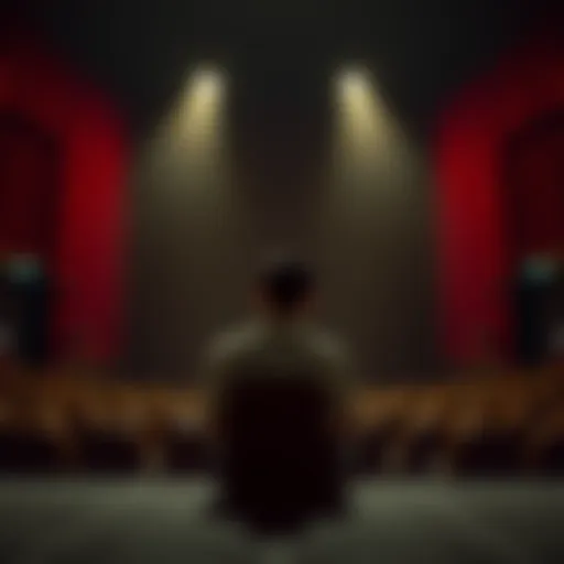A disappointed person sitting alone on a stage, reflecting on their failed audition, with a spotlight overhead and an empty audience in view.