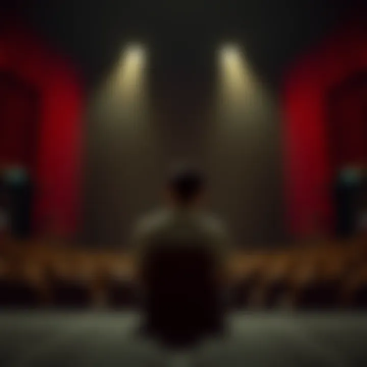 A disappointed person sitting alone on a stage, reflecting on their failed audition, with a spotlight overhead and an empty audience in view.