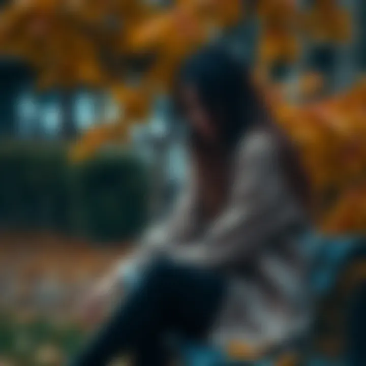 A woman with a sad expression sitting on a bench, surrounded by autumn leaves, reflecting on her feelings of depression and loss.