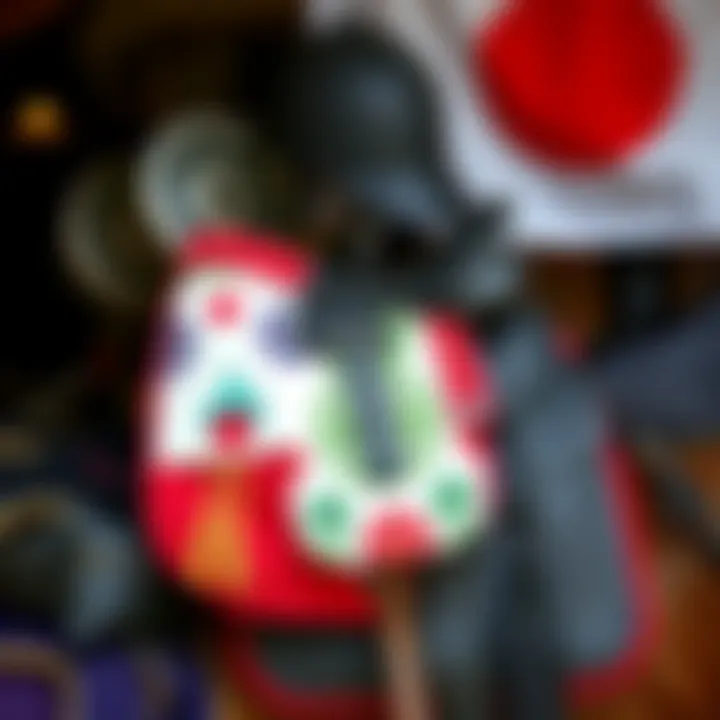 A colorful saddle cover associated with the horse Luazur, alongside a backdrop of equestrian gear and a Japanese flag.