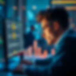 A person looking at a computer screen, contemplating the safety of a website, with cryptocurrency symbols and money transfers in the background.