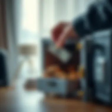 A person placing cash in a secure box at home, representing safe storage of money.