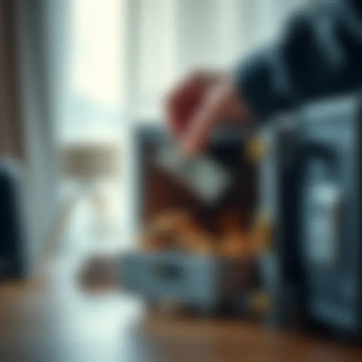 A person placing cash in a secure box at home, representing safe storage of money.