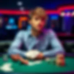 A person sitting at a gaming table, looking thoughtful while considering their financial limits and options, with playing cards and chips in front of them.