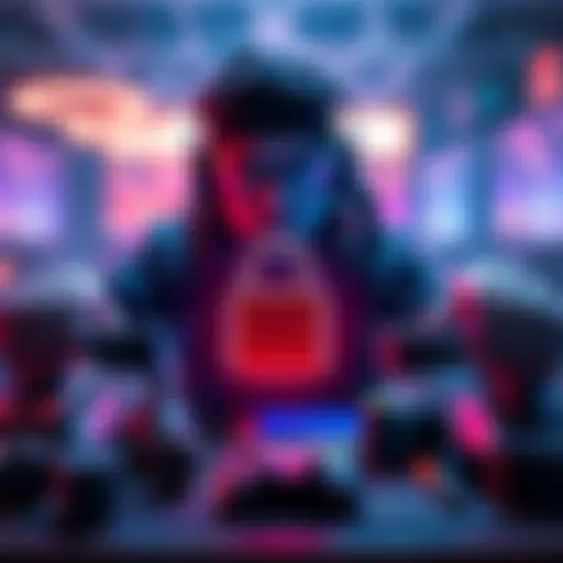 A gamer securing their account with a padlock, surrounded by safe payment options and gaming gear.