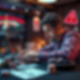 A person checking an online casino on a laptop with a concerned expression, surrounded by money and caution signs.