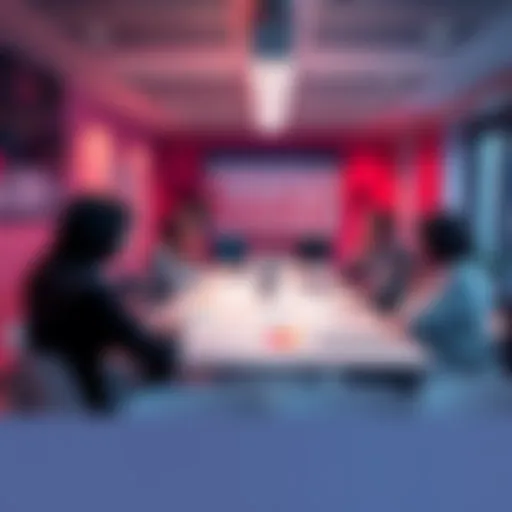 People discussing sales strategies in a meeting room with charts on the table