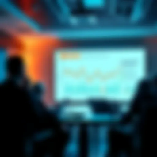 A group of people discussing sales strategies in a conference room, analyzing charts on a screen showing declining sales and new tactics for improvement.