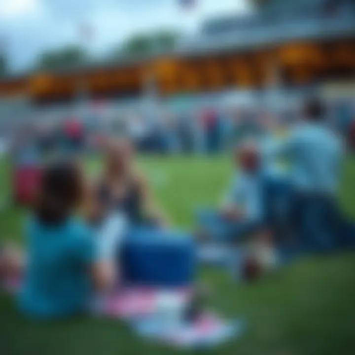 A group of people sitting on blankets with coolers at Saratoga Belmont Stakes, enjoying food and drinks