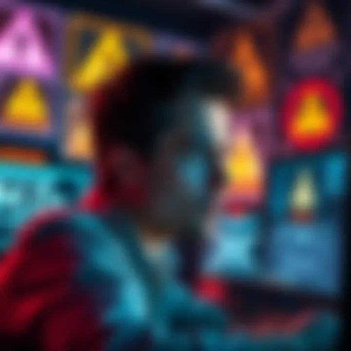 A person looking at a computer screen, concerned about online scams, with warning signs in the background.