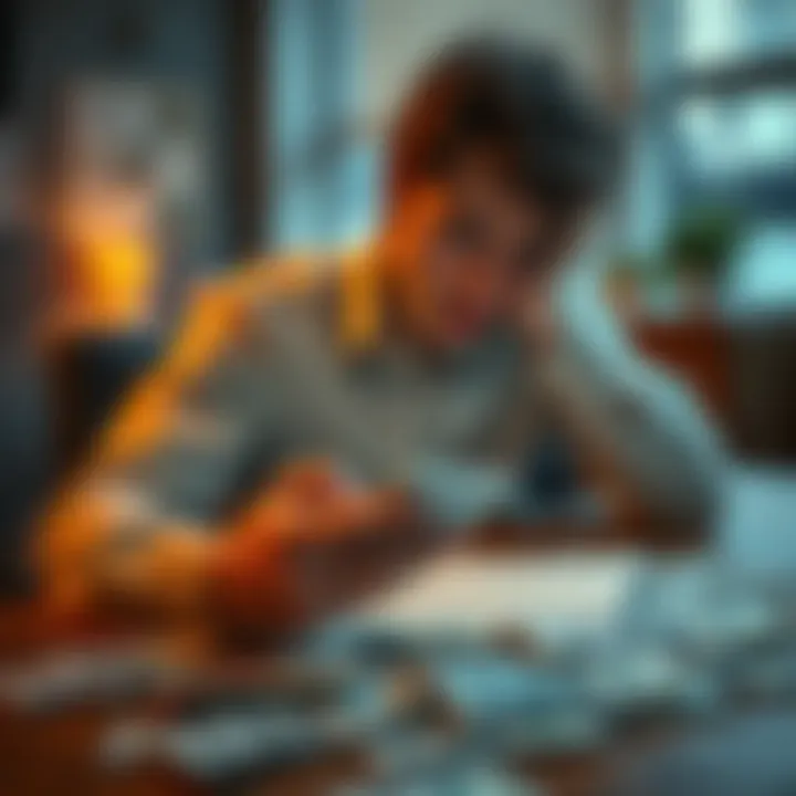 A person looking frustrated while checking their phone, indicating a loss from a scam, with dollar bills scattered on a table