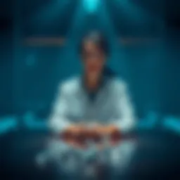 A former scientist sitting alone at a table with a shattered glass, looking distressed and lost in thought, symbolizing the turmoil caused by gambling addiction.