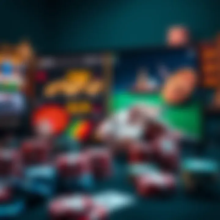 A computer screen displaying a selection of online casino games with chips and cards in the foreground.