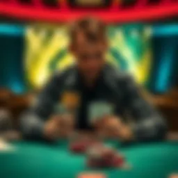 Scott Ball focused at a poker table during a high-stakes game, cards in hand, with chips stacked in front of him.