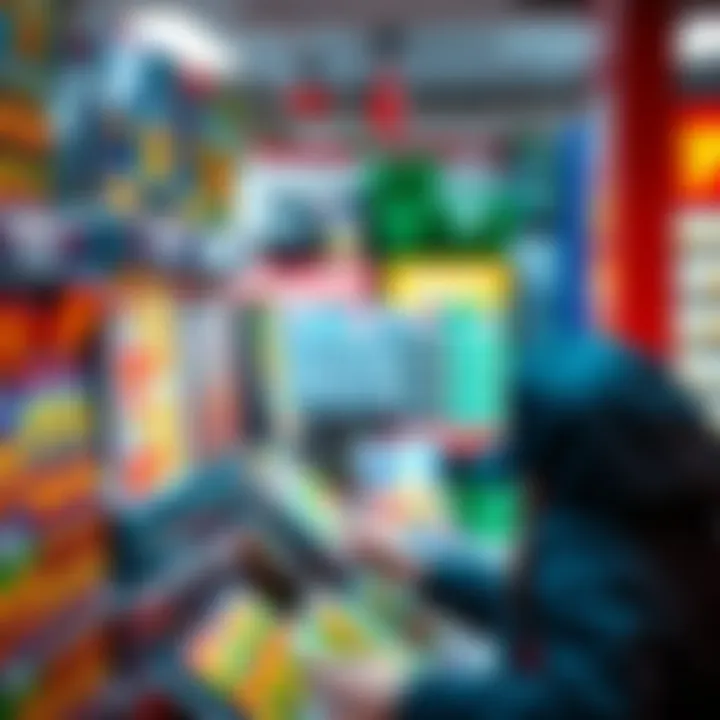 A person choosing scratch cards from a display at a store, focusing on their options to maximize winning chances.